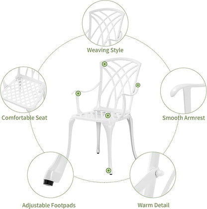 White Bistro Table and Chairs Set of 2, Cast Aluminum White Bistro Set Outdoor, Patio Bistro Sets with Umbrella Hole, Round Back Yard Set for Porch Balcony Garden - LeafyLoom