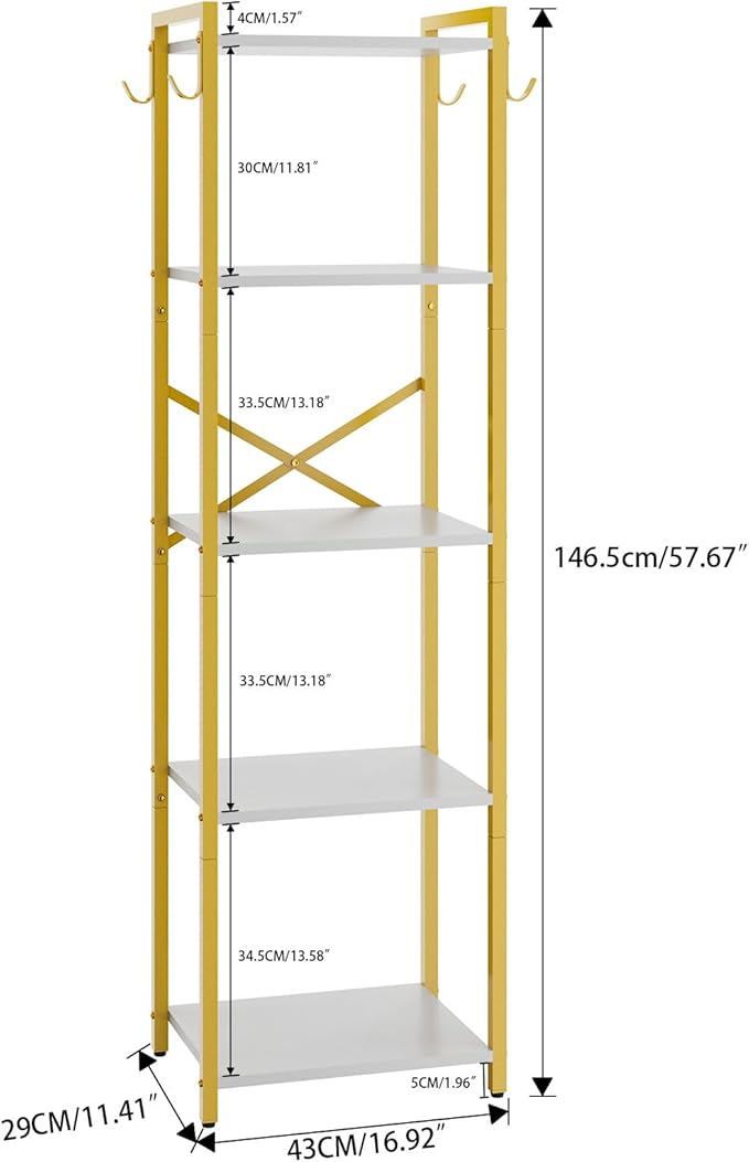 YMYNY Bookshelf, 5-Tier Ladder Shelf Organizer, Narrow Shelving Unit, Corner Storage Racks, Large Capacity Bookcase, for Home Office Living Room Balcony Bathroom, 57.7" H, Metal Frame,HBC005W - LeafyLoom