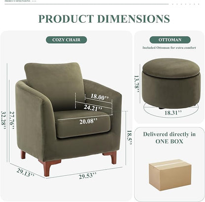 COLAMY Velvet Accent Chair with Storage Ottoman Set, Upholstered Barrel Arm Chair with Footrest, Modern Living Room Chair with Back Pillow, Olive - LeafyLoom