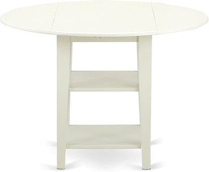 East West Furniture SUEN5-LWH-06 5 Piece Kitchen Table Set for 4 Includes a Round Dining Table with Dropleaf & Shelves and 4 Dark Shitake Linen Fabric Parsons Chairs, 42x42 Inch, Linen White - LeafyLoom