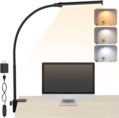 ShineTech LED Desk lamp with Clamp, Eye-Caring Clip Lights for Home Office, 3 Colors Full Brightness, Flexible Gooseneck USB Adapter Table Lamp, Black - LeafyLoom