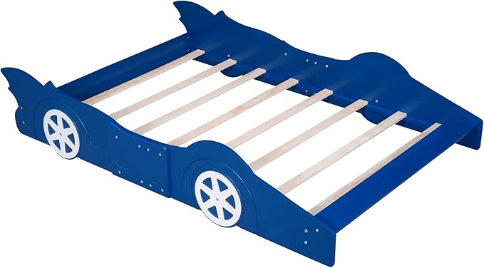 Car Shaped Toddler Bed with Wheels,Racecar Platform Beds W/Safety Guardrail,Slats Support,Stylish Design,Easy Assembly,Wood Full Bedframe for Boys Toddlers Kids Teens Bedroom,Blue - LeafyLoom