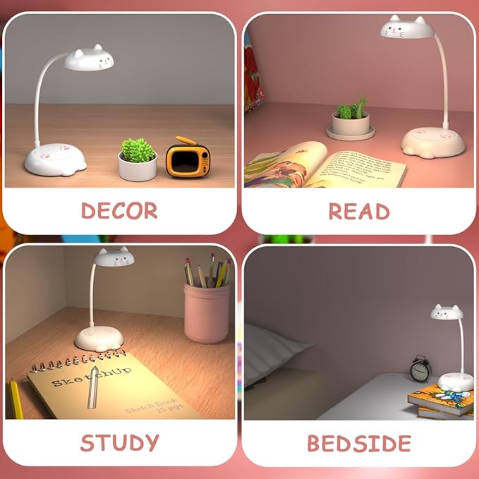 Cute Small Desk Lamp for Kids, Eye-caring Desk Light LED Reading Lamp, 3 Color Dimmable & 45min Timer, Battery Powered Cordless Lamp Rechargeable, Flexible Gooseneck Battery Operated Table Lamp, Cat - LeafyLoom