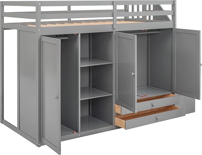 Twin Size Wood Loft Bed, Wooden Loft Bed Frame with 3 Shelves, 2 Wardrobes, 2 Drawers and Storage Staircases for Kids, Teens, Adults, No Box Spring Needed, Gray - LeafyLoom