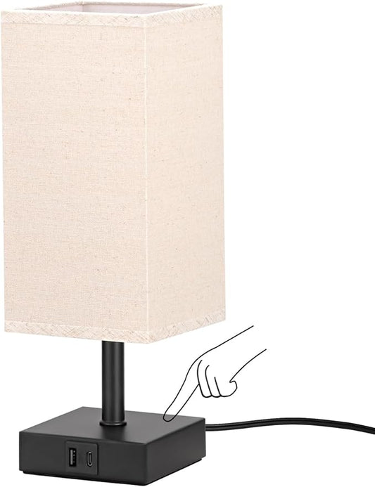 Ambimall Beige Table Lamp with USB Ports - 3 Way Touch Lamps Beside Desk, Nightstand Lamp for Bedrooms Living Room, Beige Shade with Black Base, LED Bulb Included(Beige) - LeafyLoom