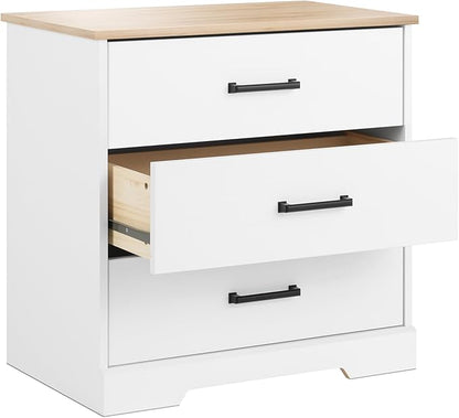 Prepac Three Drawer Nightstand, 16.25" D x 27.5" W x 26.75" H, White & Oak - LeafyLoom