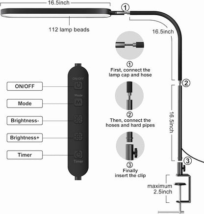 SKYLEO Desk Lamp - Desk Light for 33.5" Tall - Flexible Gooseneck - 5 Color Modes X 11 Brightness Levels - 1300LM - Timmer & Memory Function - 12W Clip on Light - Black - LeafyLoom