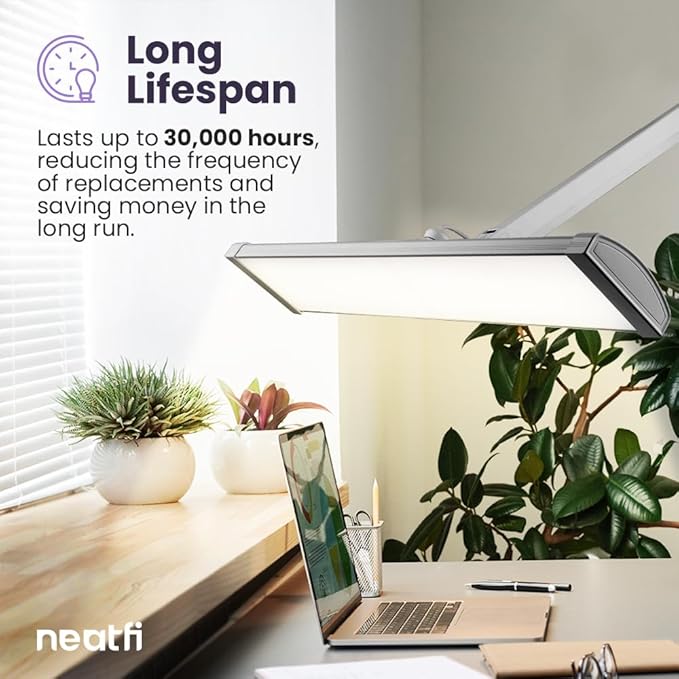 Neatfi Ultra 3,500 Lumen LED Desk Lamp, Color Correlated Temperature, 3 Light Modes, Dimmable, 45W, 26 Inch Wide Metal Shade, 540 SMD LEDs (CCT with Clamp, Silver) - LeafyLoom