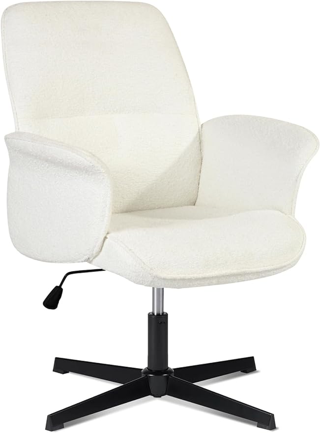 Home Office Chair, Upholstered Linen Fabric Padded Mid Back Accent Chair, Computer Desk Chairs Ergonomic No Wheels Stylish Swivel Adjustable Vanity Chair with Armrests, Beige - LeafyLoom