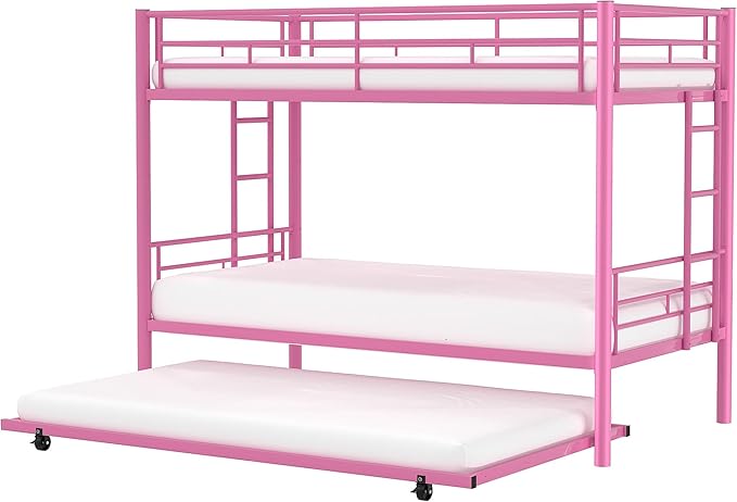 VECELO Twin Over Twin Bunk Bed with Trundle, Metal Bunkbeds with Ladder and Full-Length Guardrail, Noise Free, No Box Spring Needed, Pink - LeafyLoom