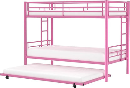 VECELO Twin Over Twin Bunk Bed with Trundle, Metal Bunkbeds with Ladder and Full-Length Guardrail, Noise Free, No Box Spring Needed, Pink - LeafyLoom