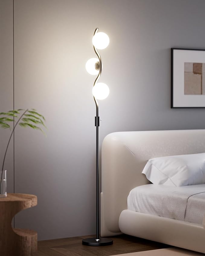 Lightdot 60IN Dimmable (Brightness Adjustable) Black Floor Lamp, Mid Century Standing Lamps with 3 Globe Soft Warm White Eye Care 3000K Bulbs Included, Modern Tall Lamp for Bedroom Office - LeafyLoom