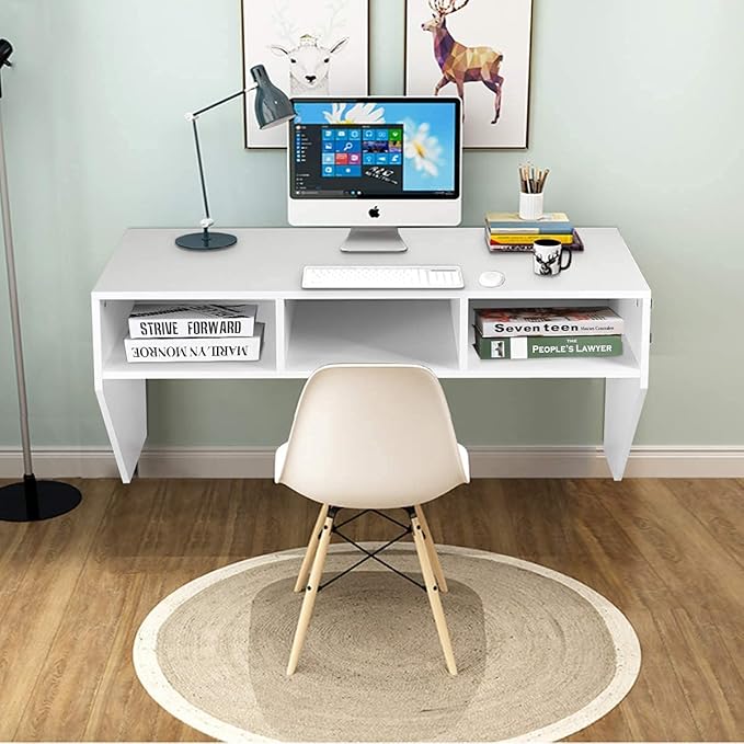 Computer Floating, Home Office Working, 42.5” Laptop Table Writing w/Storage Shelves, Modern Console Media Cabinet Wall Mounted Desk Hutch, White - LeafyLoom