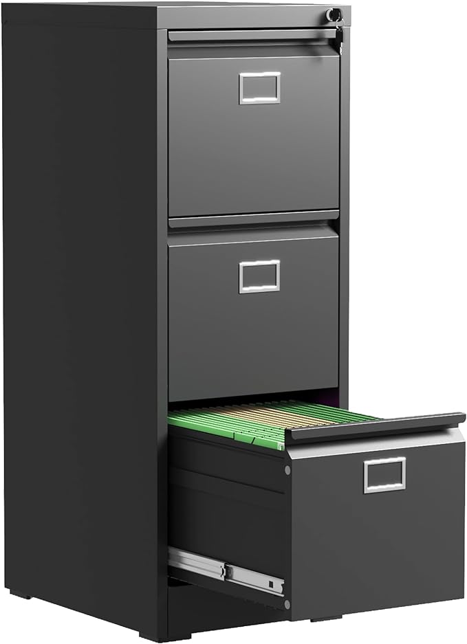 3 Drawer File Cabinet, Metal Vertical File Cabinets with Lock for Home Office, Office Steel Filing Cabinet for Hanging Files for A4/ Legal/Letter,Assembly Required (Black) - LeafyLoom