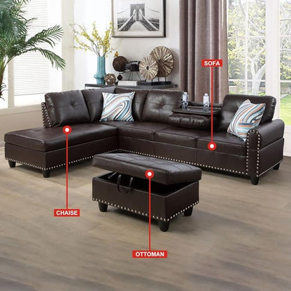 Living Room Furniture L Shaped Sectional Sofa Set with Storage Ottoman and Cup Holders, Wide Convertible Upholstered Couch for Home Office, Brown B - LeafyLoom