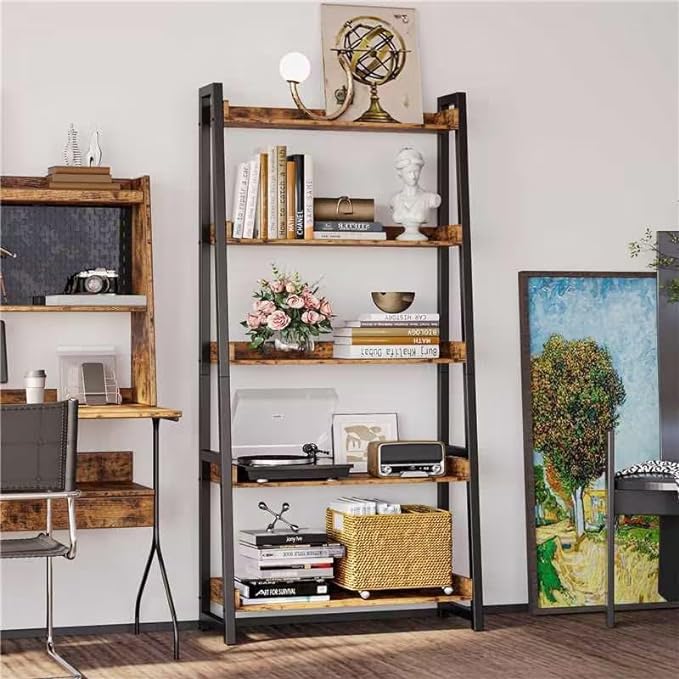 IRONCK Industrial Bookshelf 5-Tier 31.5in Wide, Bookcase Ladder Shelf, Storage Shelves Rack Shelf Unit, Accent Furniture Metal Frame, Home Office Furniture for Bathroom, Living Room - LeafyLoom