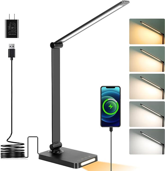 LED Desk Lamp with USB Ports,Touch Desk Lamps for Home Office with 5 Color Modes,3 Brightness Desk Light with Small Night Light,Reading Lamp Table Lamp for Bedroom Bedside Study Black （with adapter） - LeafyLoom