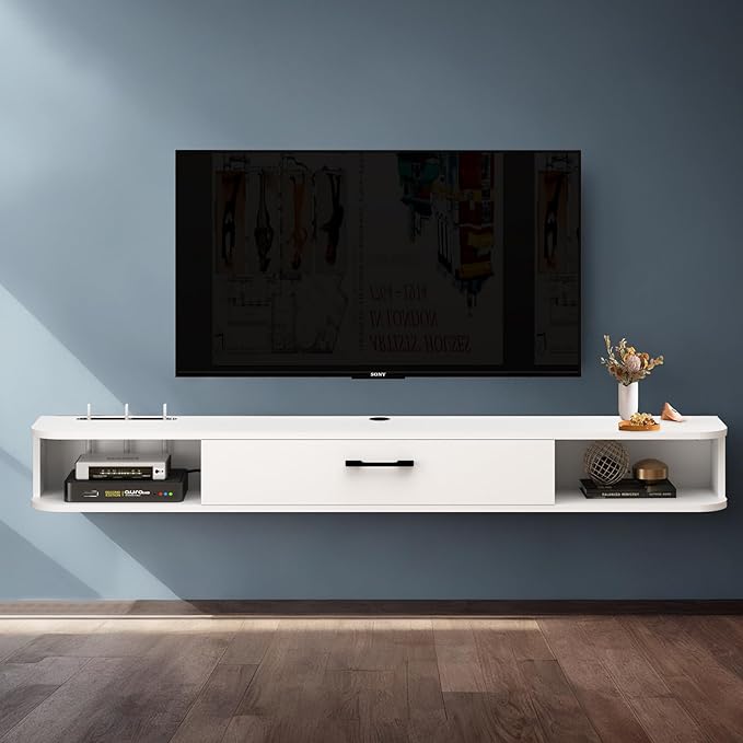 Floating TV Unit, 47'' Wall Mounted TV Cabinet, Floating Shelves with Door, Modern Entertainment Media Console Center Large Storage TV Bench for Living Room & Office (47.24IN, White) - LeafyLoom