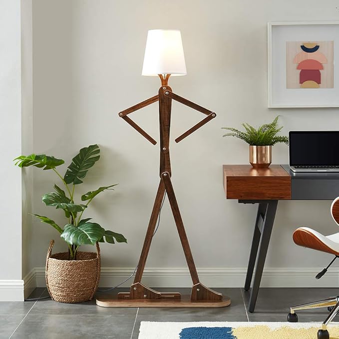 Cool Decorative Tall Floor Lamp Wood Swing Arm Standing Corner Reading Lights for Kids Bedroom Living Room Farmhouse - LED Bulb Included (Teak) - LeafyLoom