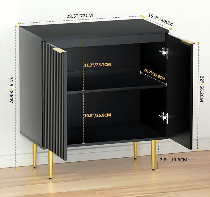 Black Fluted Buffet Cabinet,Wood Sideboard Buffet Cabinet with Adjustable Shelf, Fluted Accent Cabinet with Rose Gold Colored Metal Legs, Storage Cabinet for Living Room,Dining Room,Kitchen - LeafyLoom