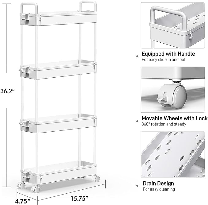 SOLEJAZZ Slim Storage Cart, 4 Tier Bathroom Organizer Mobile Shelving Unit, Rolling Utility Cart Slide Out Organizer for Kitchen, Bathroom, Laundry, Narrow Places, White - LeafyLoom