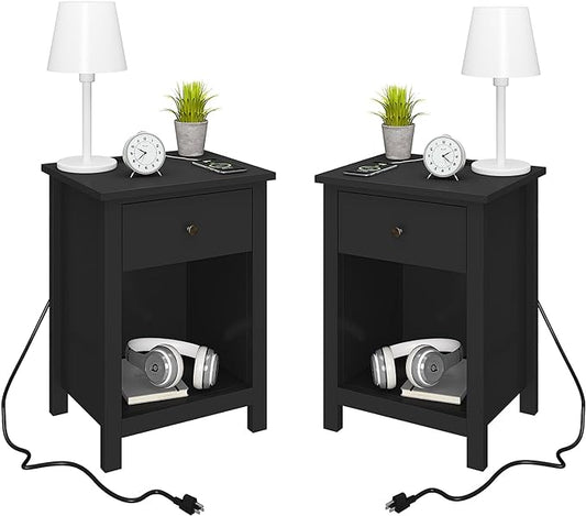 ChooChoo Black Nightstand Set of 2,Night Stand with Charging Station, Wooden Top Bedside End Table with Drawer and Storage Space for Bedroom - LeafyLoom