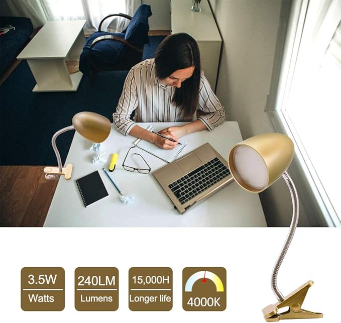 Energetic Clip on Lamp for Bed, Non-Dimmable Reading Light for Bed and Desk, 4000K Cool White, 3.5W 240 LM Flexible Gooseneck lamp, Eye Protection, ETL Listed, Gold - LeafyLoom