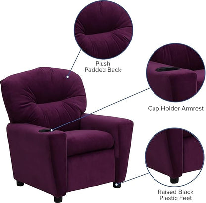 Flash Furniture Chandler Microfiber Kids Recliner with Cup Holder and Safety Recline, Contemporary Reclining Chair for Kids, Supports up to 90 lbs., Purple - LeafyLoom