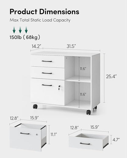 FEZIBO 3-Drawer Mobile File Cabinet, Lateral Filing Cabinet with Lock, Printer Stand with Open Storage Shelves for Home Office, Filing Cabinets for Home Office, White - LeafyLoom