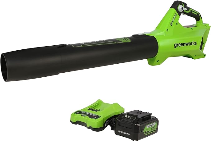 Greenworks 24V (110 MPH / 450 CFM / 125+ Compatible Tools) Cordless Brushless Axial Leaf Blower, 4.0Ah Battery and Charger Included - LeafyLoom