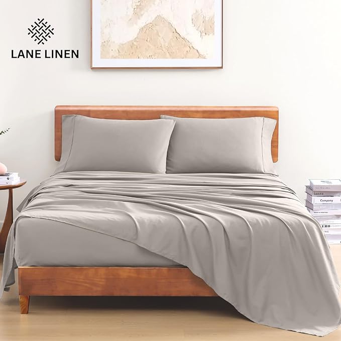 LANE LINEN 100% Organic Cotton Sheets Twin Size, 3Pc Cotton Twin Sheet Set, Hotel Luxury Sheets, Percale Bed Sheets, Cooling Sheet & Pillowcase Sets, 15" Deep Twin Mattress Fitted Sheet - Silver - LeafyLoom