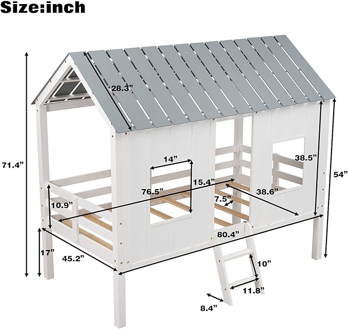 Twin Size Low Loft House Bed with Roof and Two Front Windows, Perfect for Kids Bedroom,Space Saving Design & No Box Spring Needed,80.4"x45.2"x71.4", White - LeafyLoom