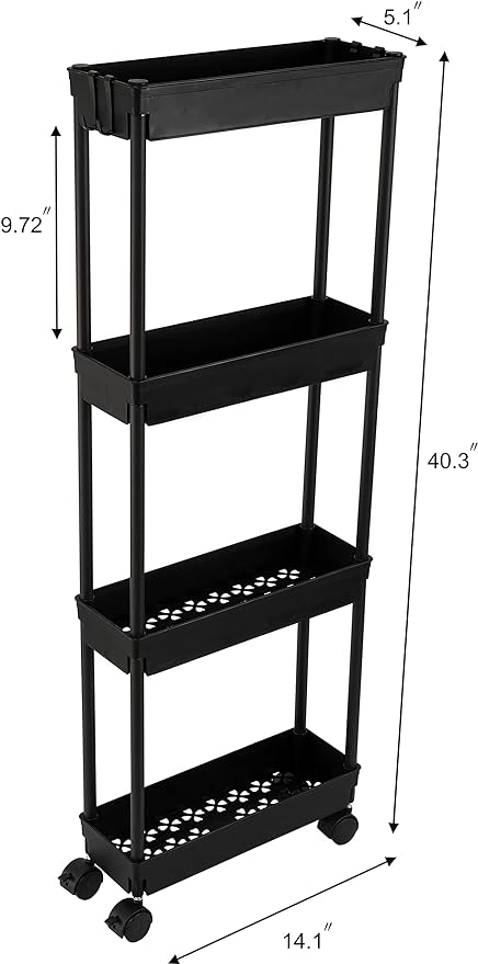 Sooyee 4 Tier Slim Storage Cart,Rolling Storage Cart,Narrow Shelf,Bathroom Rack,Mobile Shelving Unit Organizer for Kitchen, Bathroom, Laundry Room, Black - LeafyLoom