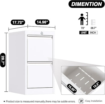 2 Drawers Vertical File Cabinet, Metal Lockable Filing Cabinet, Office File Storage Cabinet for A4 Letter/Legal Size, Assembly Required (White) - LeafyLoom