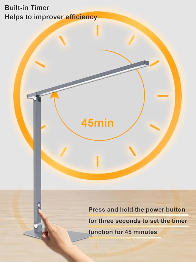 LED Desk Lamp Touch Control Aluminum Alloy Study Table Lamp Dimmable Eye-Caring,Bright Angle Adjustable Timer Portable Desk Light Wired for Home/Office/Dorm Work Reading Light with USB Cable - LeafyLoom