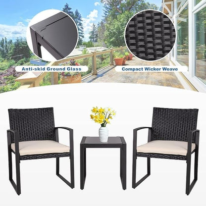 Shintenchi 3 Pieces Outdoor Patio Furniture Set Modern Black Wicker Bistro Set Rattan Chair Conversation with Coffee Table for Yard Porch Poolside Lawn(Beige) - LeafyLoom