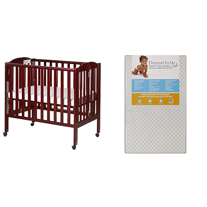 3 in 1 Portable Folding Stationary Side Crib with Dream On Me 3 Portable Crib Mattress, White - LeafyLoom