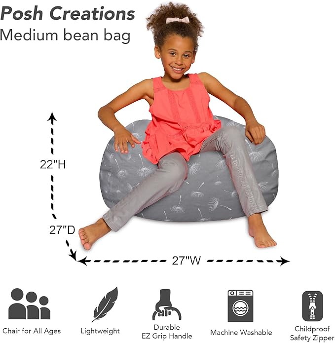 Posh Creations Bean Bag Chair for Kids, Teens, and Adults Includes Removable and Machine Washable Cover, Canvas White Dandelions on Gray, 27in - Medium - LeafyLoom