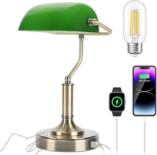 Bankers Lamp, Green Desk Lamp with Touch Control Switch, Retro Lamp with USB and Type C Charging Ports, Vintage Lamp for Home Office, Piano, Library, LED Bulb Included (Vintage) - LeafyLoom