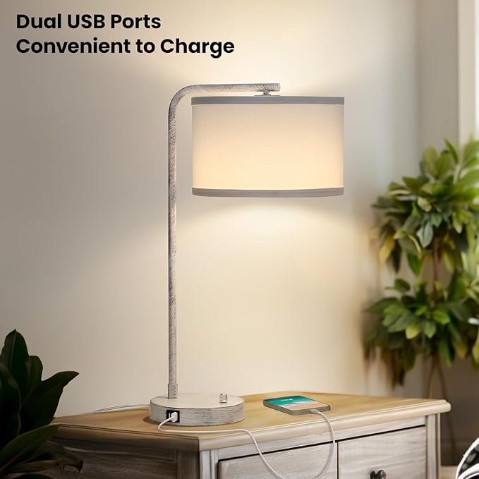 Table Lamp with Dual USB Charging Ports, Fully Dimmable Farmhouse Bedside Lamp, USB Nightstand Lamp with Brushed White Oak, Tall Reading Desk Lamp for Living Room, Bedroom, Office, LED Bulb Included - LeafyLoom