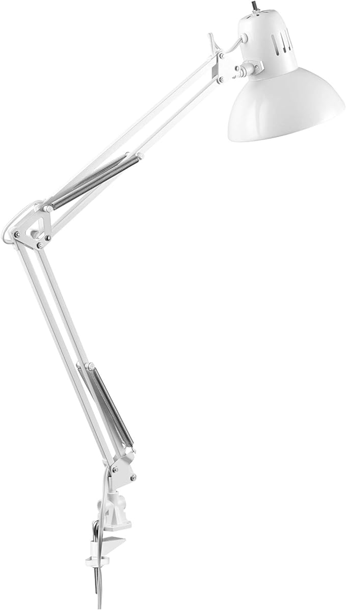 Globe Electric 52847 31.5" Swing Arm Clamp-On Desk Lamp, Glossy White, Nickel Accents, On/Off Rotary Switch, Partially Adjustable Swing Arm, Reading Light, Home Essentials, Office Décor - LeafyLoom