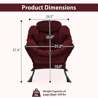 Lazy Chair Thick Padded, Accent Chair Velvet Upholstered with Wide Seat, Stable Metal Frame and Non-Slip Pad, Modern Sofa Armchair with Side Storage Bag for Dorm, Room, Office, Burgundy - LeafyLoom