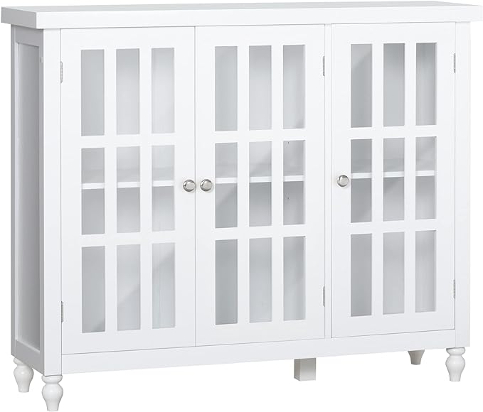 HOMCOM Sideboard, Buffet Cabinet with 3 Tempered Glass Doors, Stripe Pattern and Adjustable Storage Shelf, Credenza, White - LeafyLoom