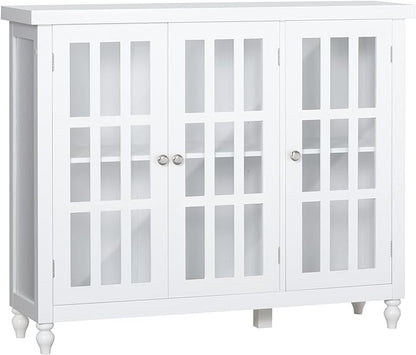 HOMCOM Sideboard, Buffet Cabinet with 3 Tempered Glass Doors, Stripe Pattern and Adjustable Storage Shelf, Credenza, White - LeafyLoom