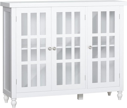 HOMCOM Sideboard, Buffet Cabinet with 3 Tempered Glass Doors, Stripe Pattern and Adjustable Storage Shelf, Credenza, White - LeafyLoom