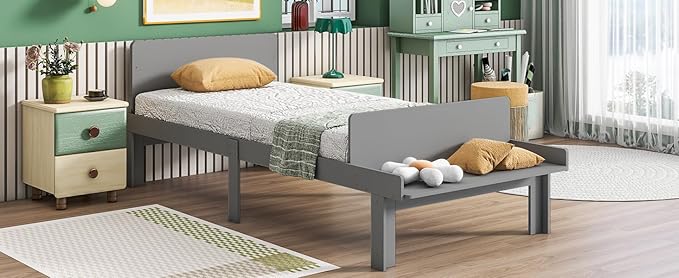 Twin Bed with Footboard Bench, Twin Kid Bed with Headboard, Wood Slat Support, Cute Kid Bed Frame with Book Storage Space, Twin Car Bed for Boys Girls Bedroom, No Box Spring Needed, Grey - LeafyLoom