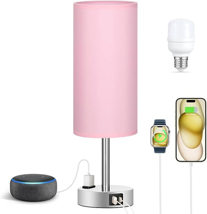 Pink Lamp for Bedroom Nightstand - 3 Way Dimmable Touch Table Lamp USB C Charging Ports, Small Lamp with AC Outlet for Desk Girls Room, LED Bulb Included - LeafyLoom