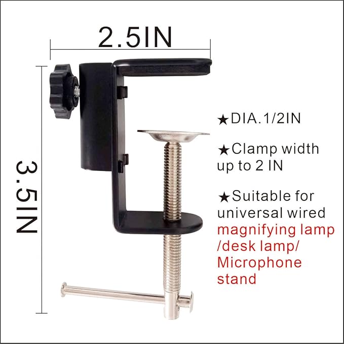 Replacement Heavy Duty C Clamp for 1/2” Base Magnifying Lamp,Desk Lamp,Swing Arm Lamp,Phone I pad Mount,Tablet Mic Holder,Table Mount Clamp for Microphone Stand Mic Boom Arm (METAL BLACK) - LeafyLoom