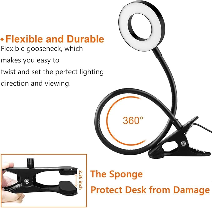 Clip on Light Reading Lights, 48 LED USB Desk Lamp with 3 Color Modes 10 Brightness, Eye Protection Book Clamp Light, 360 ° Flexible Gooseneck Clamp Lamp for Desk Headboard Video Conferencing - LeafyLoom