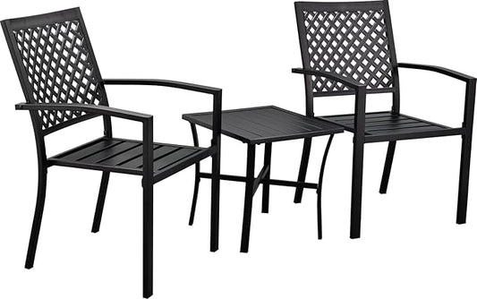 3 Piece Iron Bistro Set Stackable Outdoor Patio Furniture Set with 2 Large Comfortable Porch Chairs and Metal Coffee Table, Black - LeafyLoom